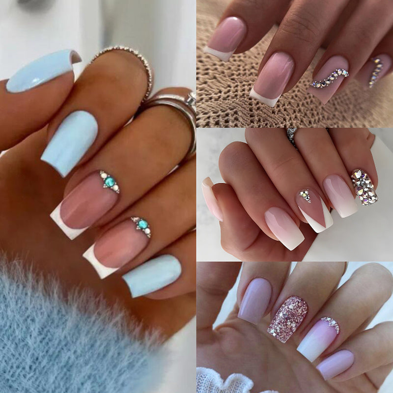 96PCS (4 PACK) Gradient Press on Nails with Rhinestones Design, Glossy Pink Ombre Medium Square False Nails Gel Glue on Nails Simple Crystal Manicure Art Acrylic Fake Nails Stick on Nails for Women Girls